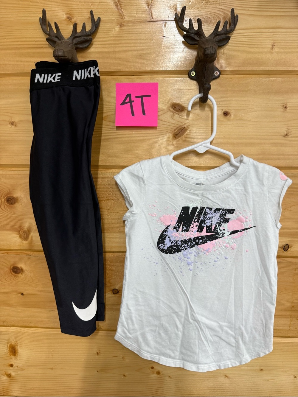 Nike White Tee & Black Leggings Set with Pink Accent - Kids 4T